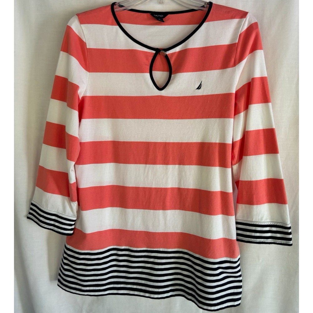 Nautica Women's Pink/White/Black Striped Knit Keyhole 3/4 Sleeve Top L
